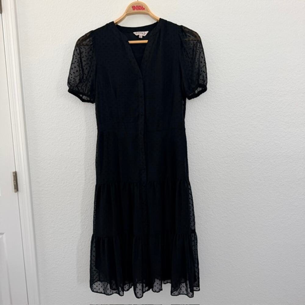 Nanette LePore Midi Dress Women's 6 Black Clip Dot Button Up Tiered Skirt